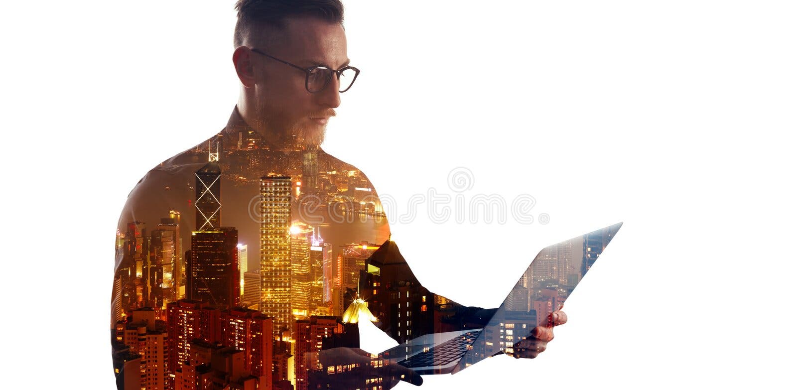 Double exposure bearded businessman wearing black shirt and glasses.Banker holding contemporary notebook hands,using stock images Double exposure bearded businessman wearing black shirt and glasses.Banker holding contemporary notebook hands,using stock images