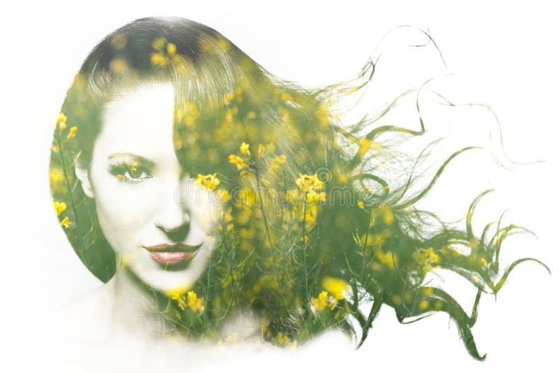 Double exposure of beautiful Caucasian woman