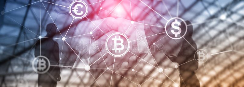 Double exposure Bitcoin and blockchain concept. Digital economy and currency trading vector illustration Double exposure Bitcoin and blockchain concept. Digital economy and currency trading vector illustration