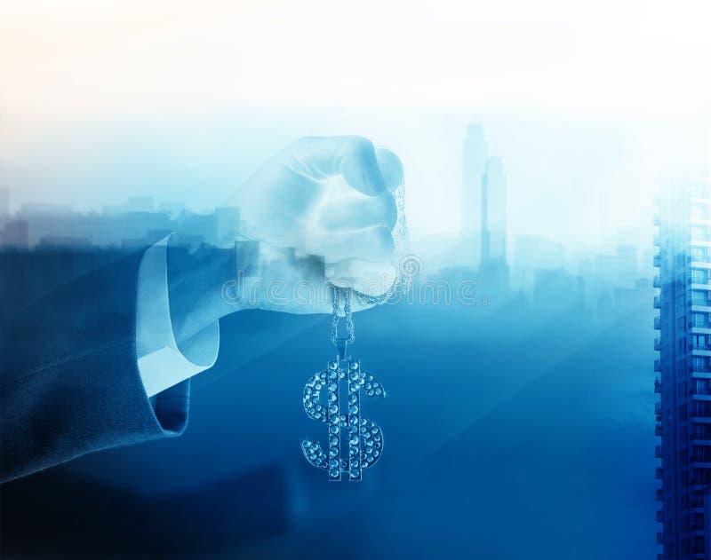 Double exposure blue tone, businessman and diamond sign dollar in hand forward to target success, business concept royalty free stock photography Double exposure blue tone, businessman and diamond sign dollar in hand forward to target success, business concept royalty free stock photography