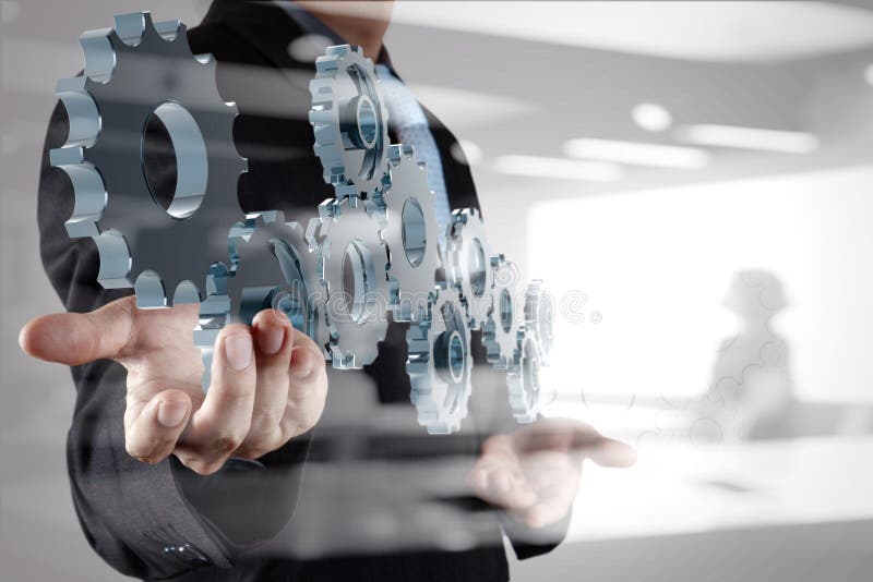 Double exposure of business businessman hand shows