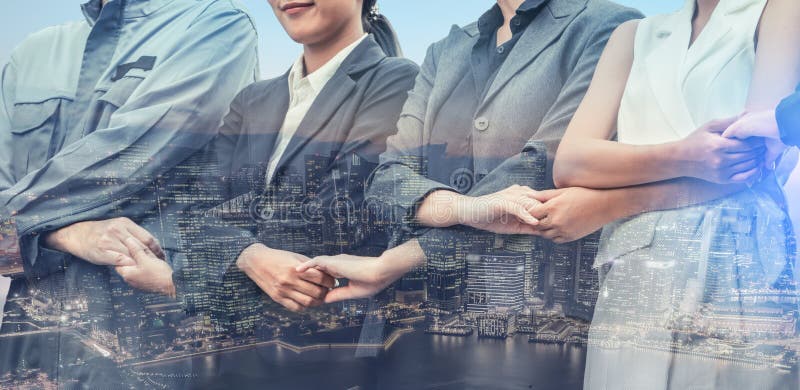 Double exposure business people holding hands stock photos