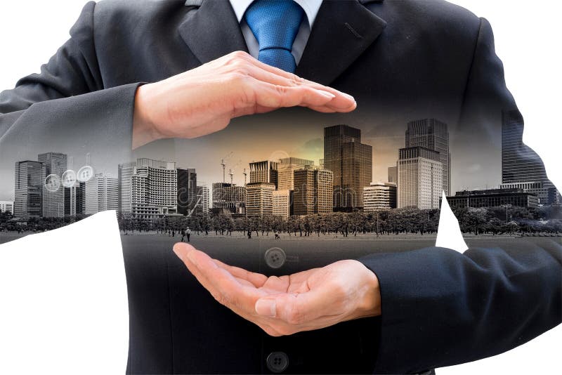 Double exposure businessman and cityscape royalty free stock photography
