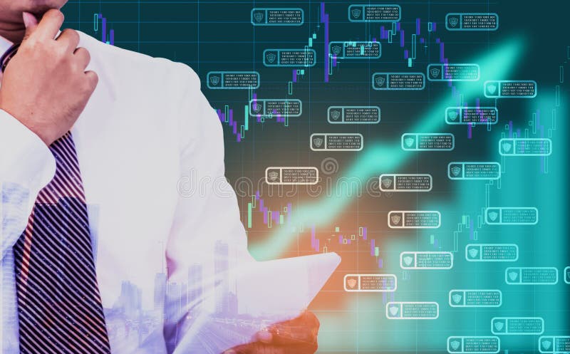 Double exposure - businessman holding a tablet in hand, background is an arrow symbol and a stock chart,Concept of managing and stock photography Double exposure - businessman holding a tablet in hand, background is an arrow symbol and a stock chart,Concept of managing and stock photography