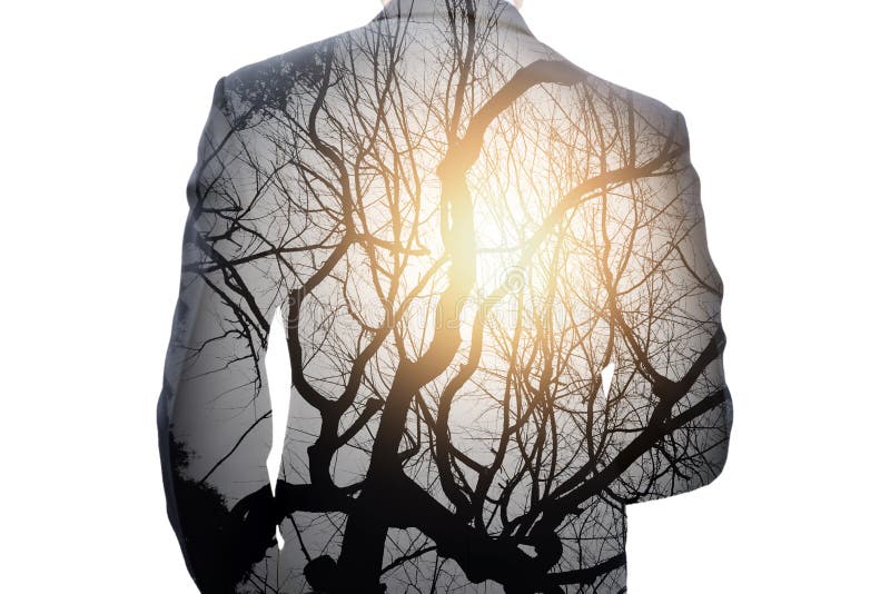 Double exposure of businessman and tree stock photography
