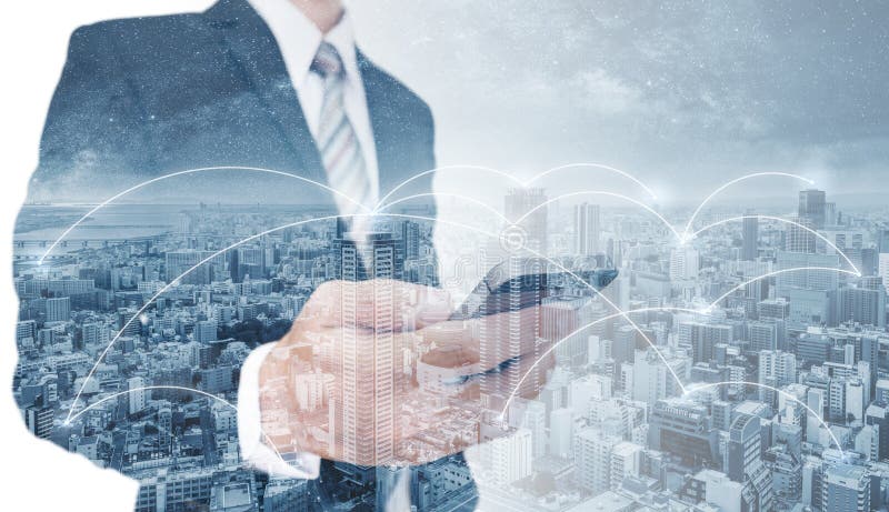 Double exposure businessman using mobile smart phone, and network connection technology in the city. Business network, blockchain royalty free illustration Double exposure businessman using mobile smart phone, and network connection technology in the city. Business network, blockchain royalty free illustration