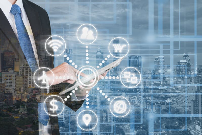 Double exposure of businessmen using digital tablet online communication network digital 4. 0 technology internet wireless royalty free stock photography