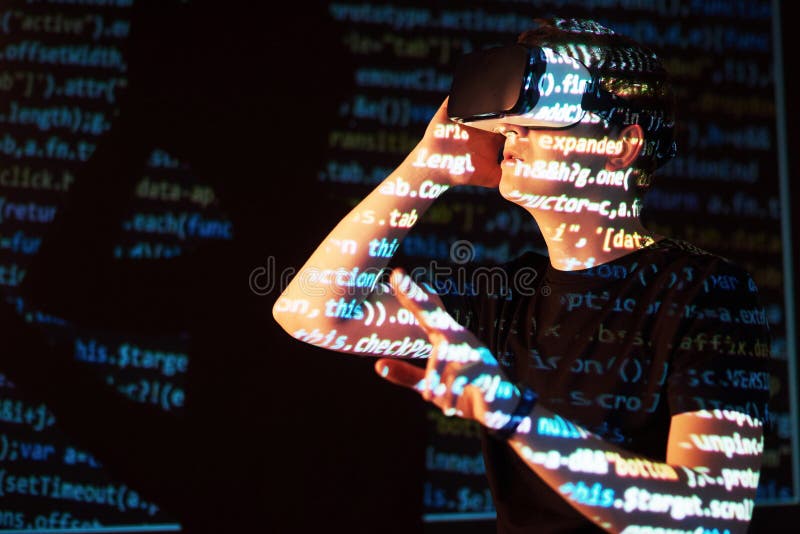 Double exposure of a caucasian man and Virtual reality headset is presumably a gamer or a hacker cracking the code into royalty free stock photography Double exposure of a caucasian man and Virtual reality headset is presumably a gamer or a hacker cracking the code into royalty free stock photography