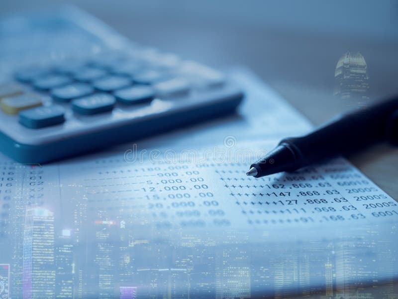 Double exposure of city and Saving Account Book from Bank for Business Finance with pen and calculator royalty free stock images Double exposure of city and Saving Account Book from Bank for Business Finance with pen and calculator royalty free stock images