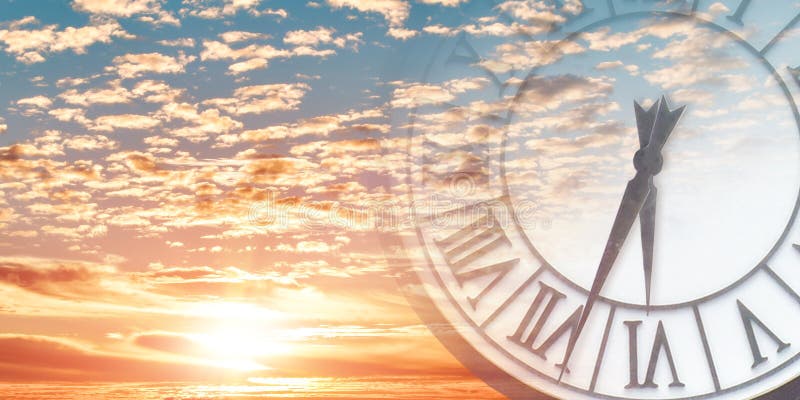 Double exposure of clock face in sunset sky. Time passing concept