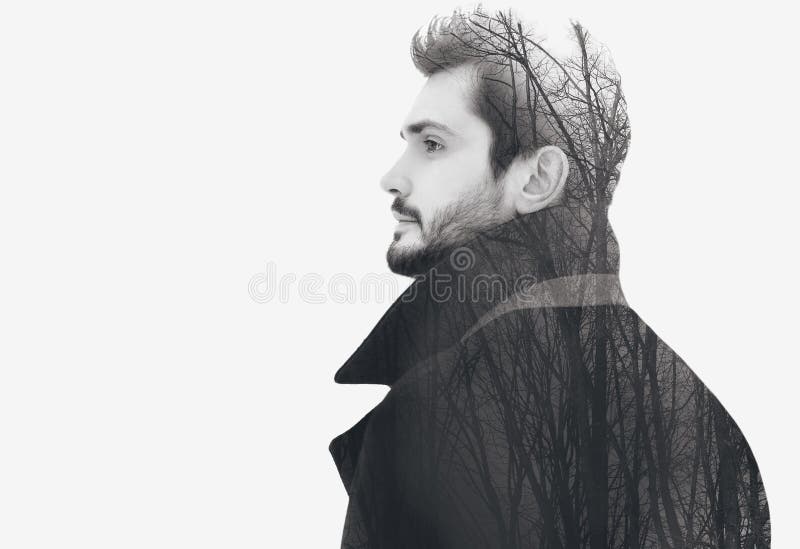 Double exposure fashion elegant bearded free man in profile pensive looks stock image Double exposure fashion elegant bearded free man in profile pensive looks stock image