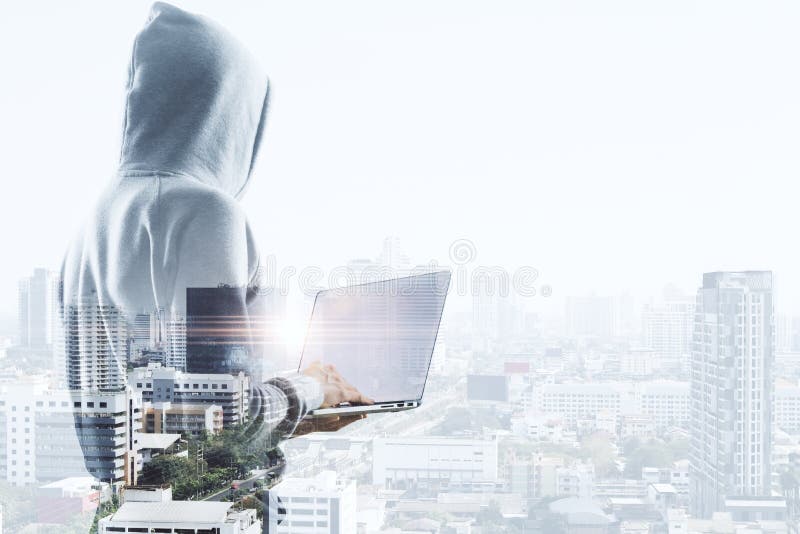 Hacker, laptop and city stock images