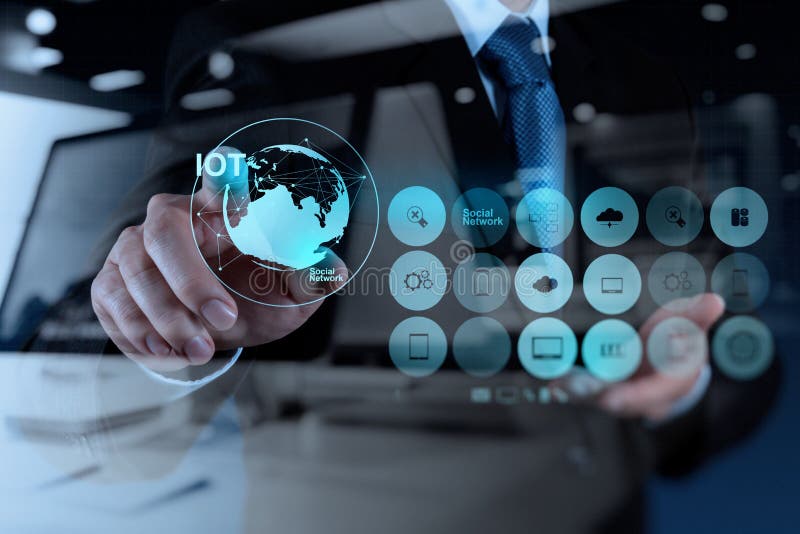 Double exposure of hand showing Internet of things (IoT) word di vector illustration