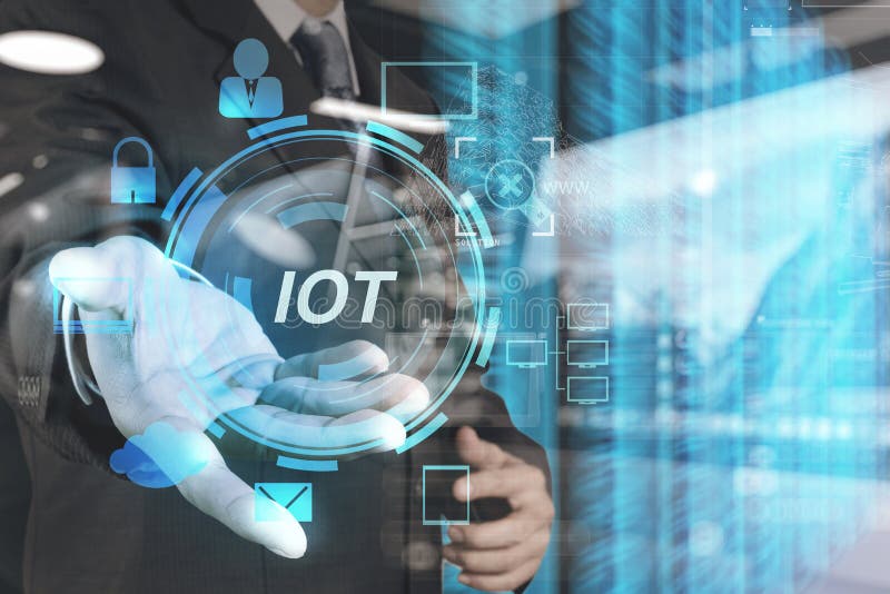 Double exposure of hand showing Internet of things (IoT) word di royalty free illustration