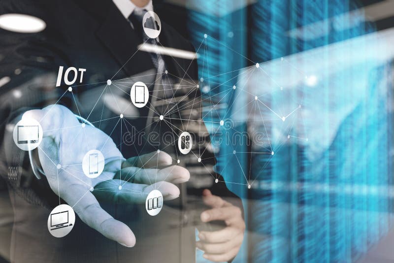 Double exposure of hand showing Internet of things (IoT) word di royalty free illustration