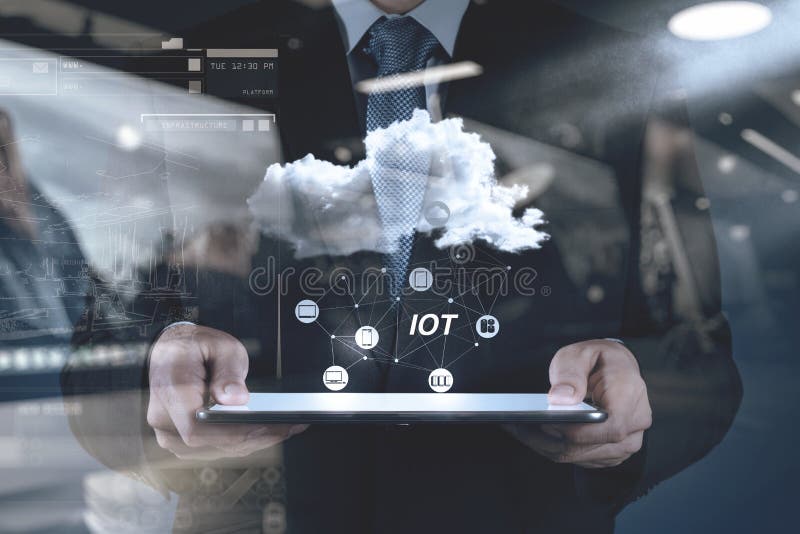 Double exposure of hand showing Internet of things (IoT) word di royalty free illustration