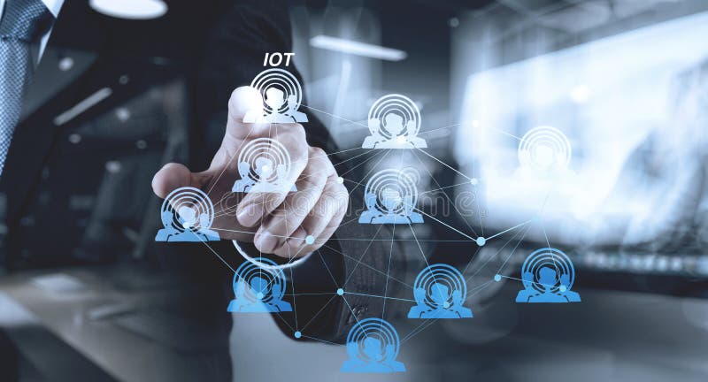 Double exposure of hand showing Internet of things (IoT) word di stock illustration