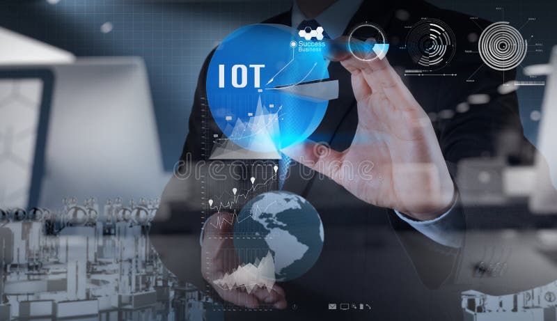 Double exposure of hand showing Internet of things (IoT) vector illustration
