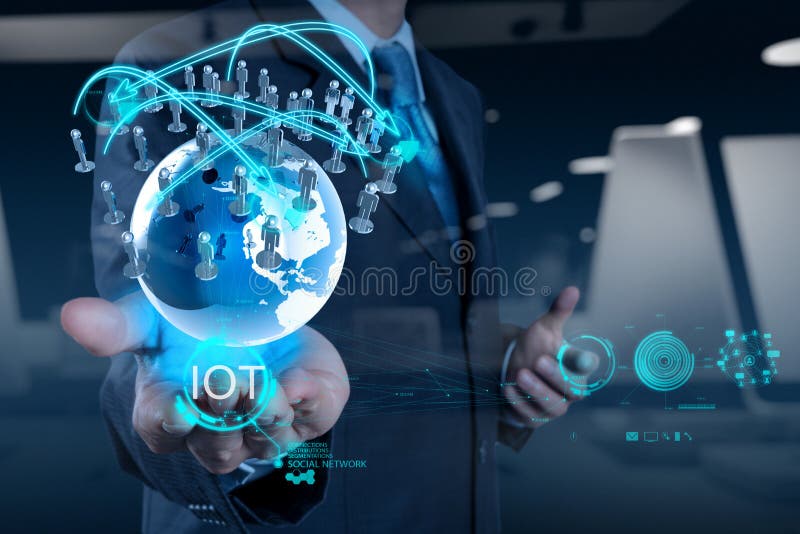 Doppia esposizione di mano mostrando Internet delle cose (IoT) parola diagramma come concetto.