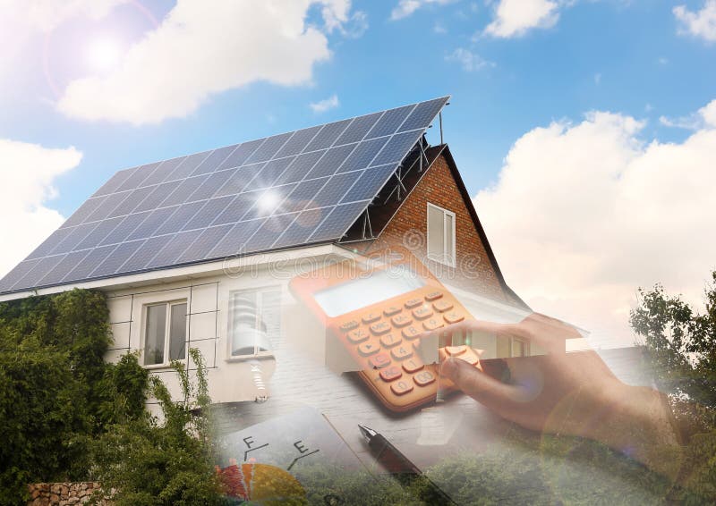 Double exposure of house with solar panels and woman using calculator. Renewable energy and money saving