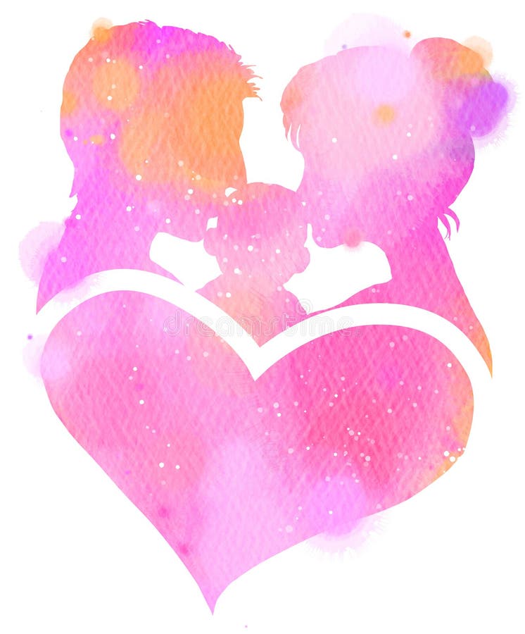 Double exposure illustration. Side view of Father and mother kissing their child baby with heart symbol silhouette plus abstract stock photography Double exposure illustration. Side view of Father and mother kissing their child baby with heart symbol silhouette plus abstract stock photography