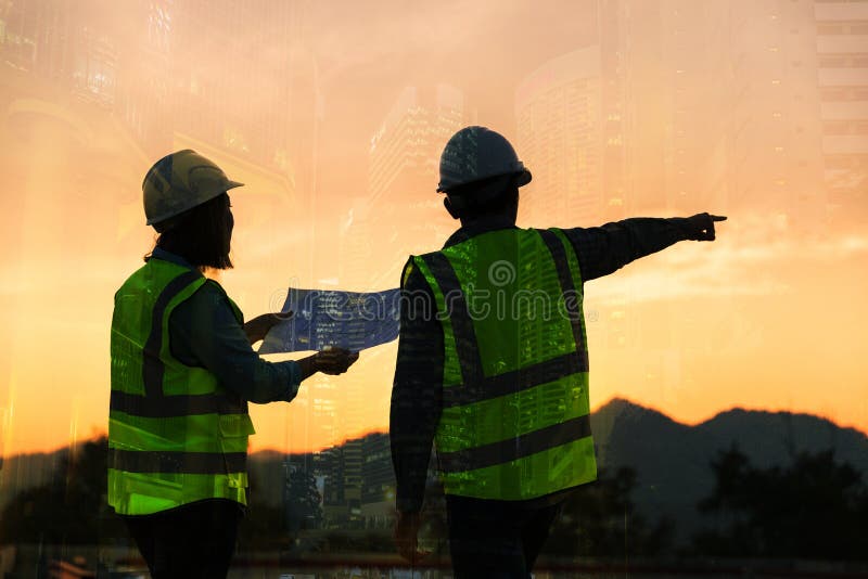 Double Exposure Image of Engineer Civil and Construction Worker with Safety Helmet and