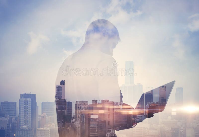 Double exposure of man with laptop and royalty free stock photos Double exposure of man with laptop and royalty free stock photos