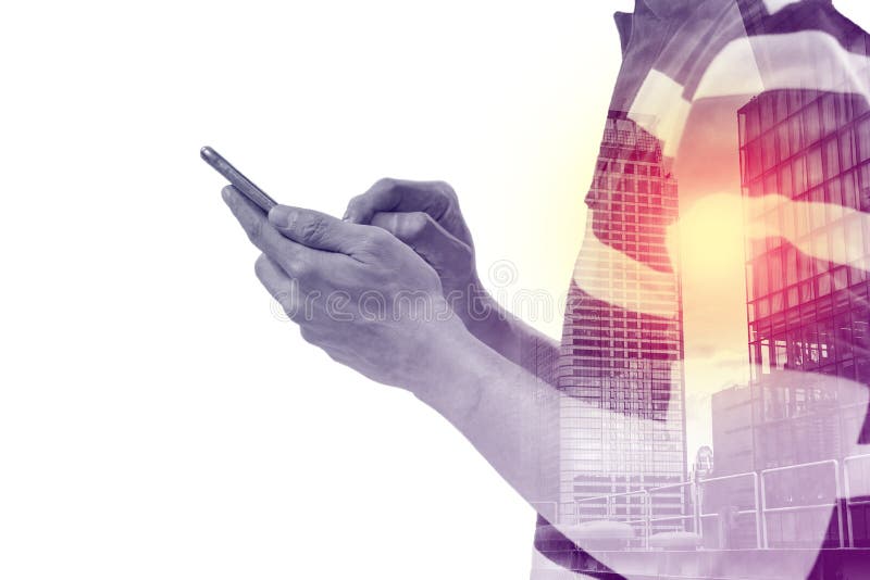 Double exposure man using smartphone and city royalty free stock photos