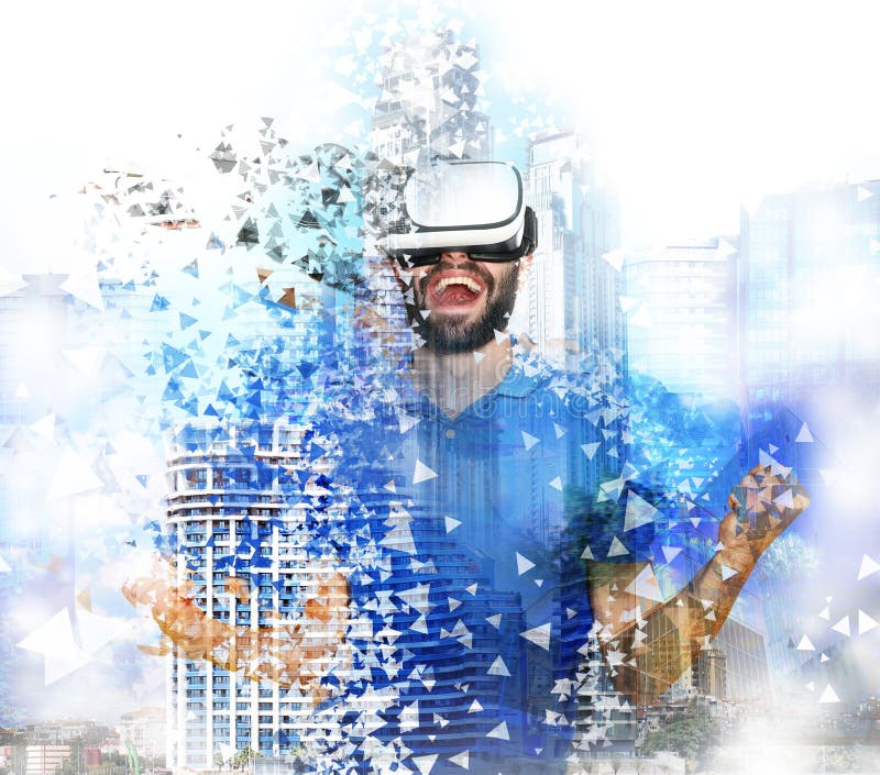 Double exposure of man using virtual reality headset. Modern technology vector illustration Double exposure of man using virtual reality headset. Modern technology vector illustration