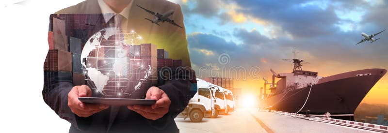 Double exposure of man with world map for logistic network royalty free stock images