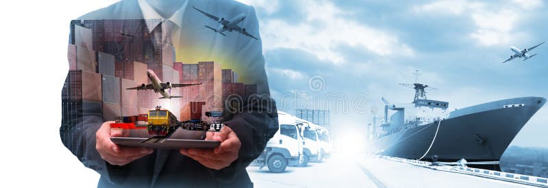 Double exposure of man with world map for logistic network stock photo