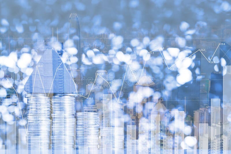 Double exposure of model house with step of coins stack on city royalty free stock images