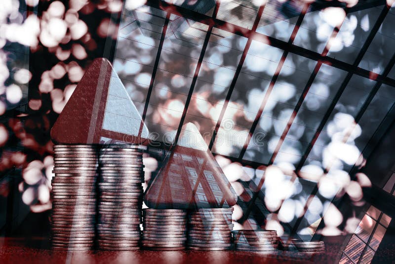 Double exposure of model house and step of coins stack with city stock image