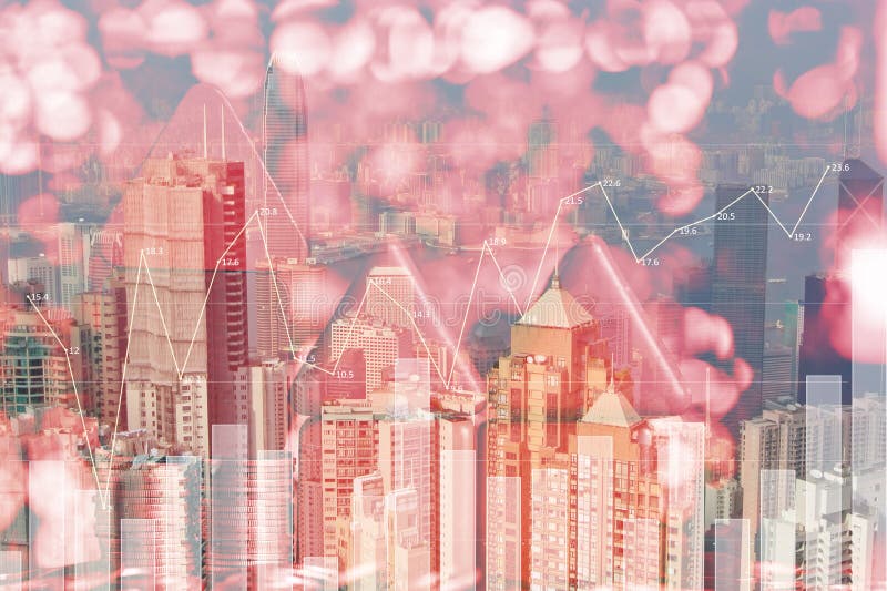 Double exposure of model house with step of coins stack on city royalty free stock photos