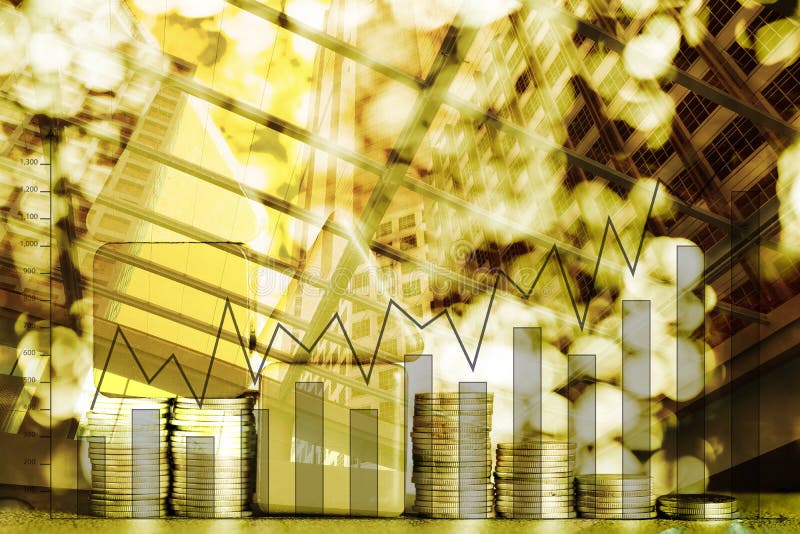 Double exposure of model house and step of coins stack with city royalty free stock image
