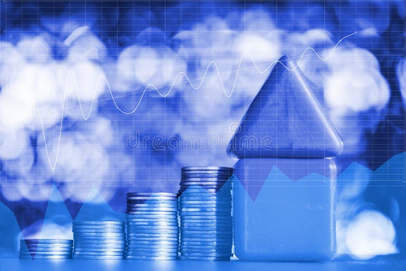 Double exposure of model house and step of coins stack with financial graph, real estate investment and saving banking money royalty free stock photos