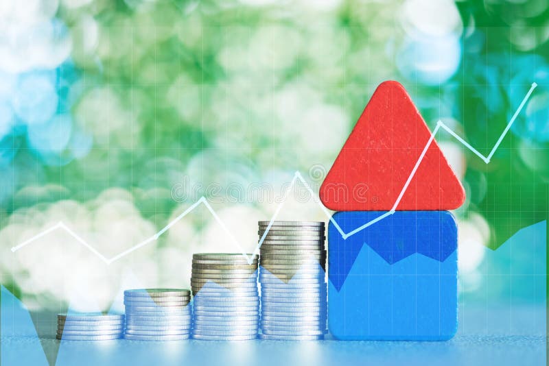 Double exposure of model house with step of coins stack and financial graph, real estate investment and saving banking money stock photography