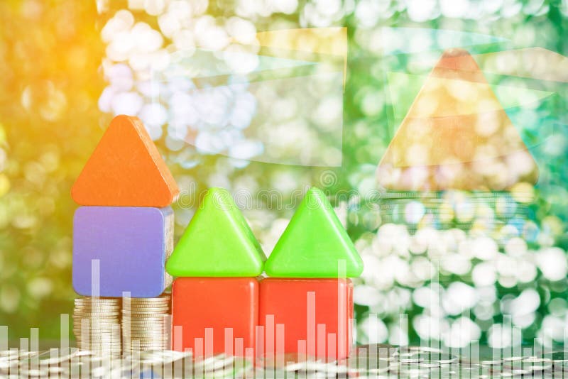 Double exposure of model house and step of coins stack with financial graph, real estate investment and saving banking money stock photos