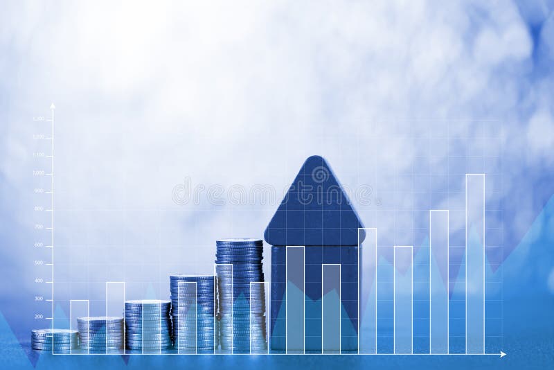 Double exposure of model house with step of coins stack and financial graph, real estate investment and savings banking money con stock photos