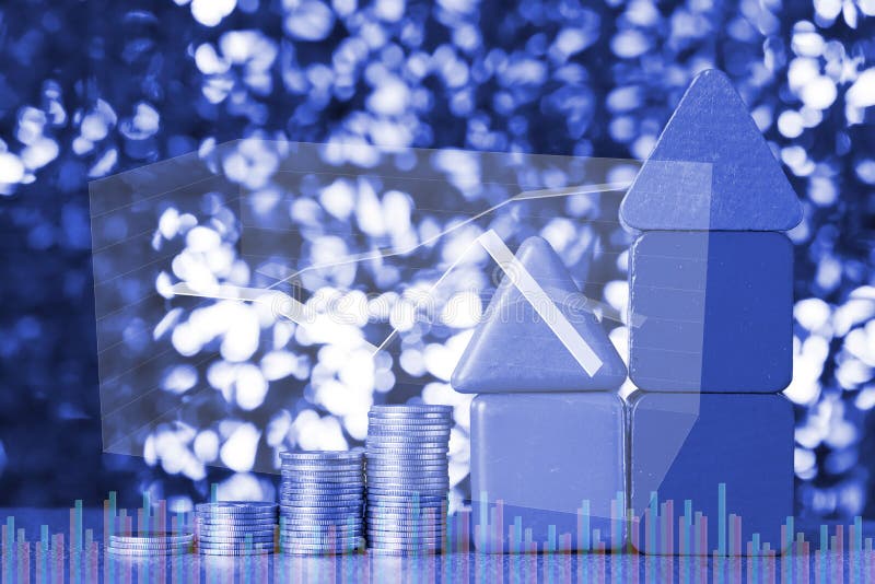 Double exposure of model house and step of coins stack with financial graph, real estate investment and saving banking money stock image