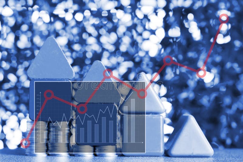 Double exposure of Model house wood form with step of coins stack on table with financial graph chart, real estate investment and stock photos