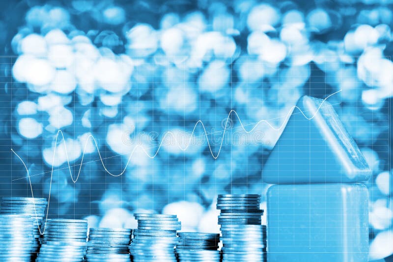 Double exposure of Model house wood form with step of coins stack on table with financial graph chart, real estate investment and stock image