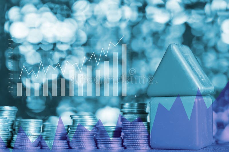 Double exposure of model house wood form with step of coins stack with financial graph, real estate investment and saving banking stock image