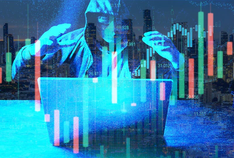 Double exposure with no face hacker with laptop and financial chart royalty free stock photos