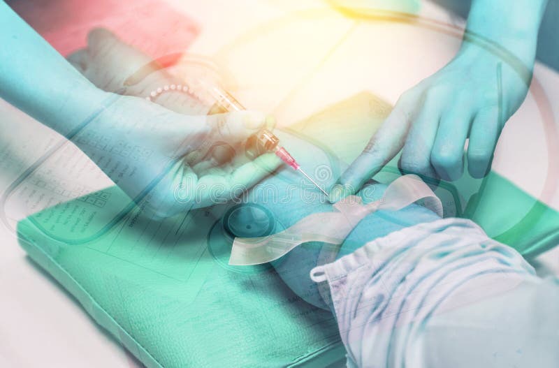 Double exposure nurse pricking needle syringe in the arm patient with stethoscope background. royalty free stock images Double exposure nurse pricking needle syringe in the arm patient with stethoscope background. royalty free stock images