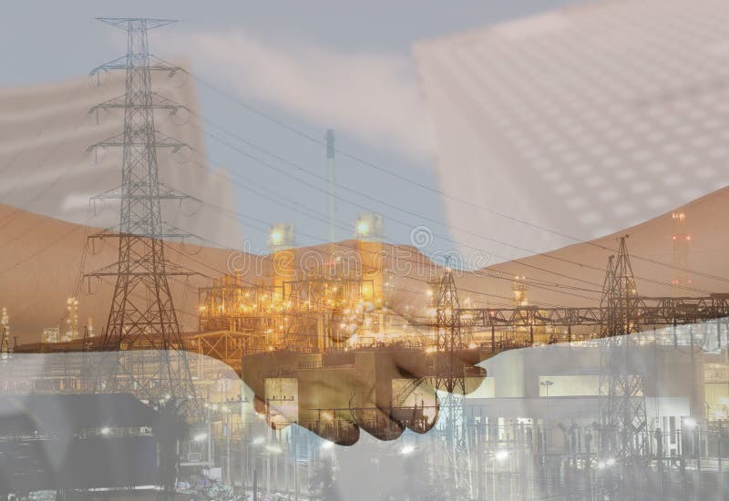 Double Exposure of Oil refineries and business handshakes join h