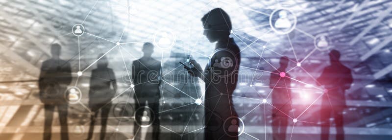 Double exposure people network structure. HR - Human resources management and recruitment concept stock image