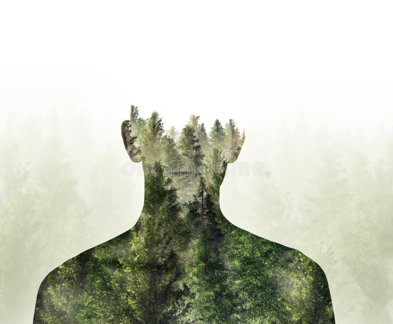 Double exposure of person and Evergreen Forest