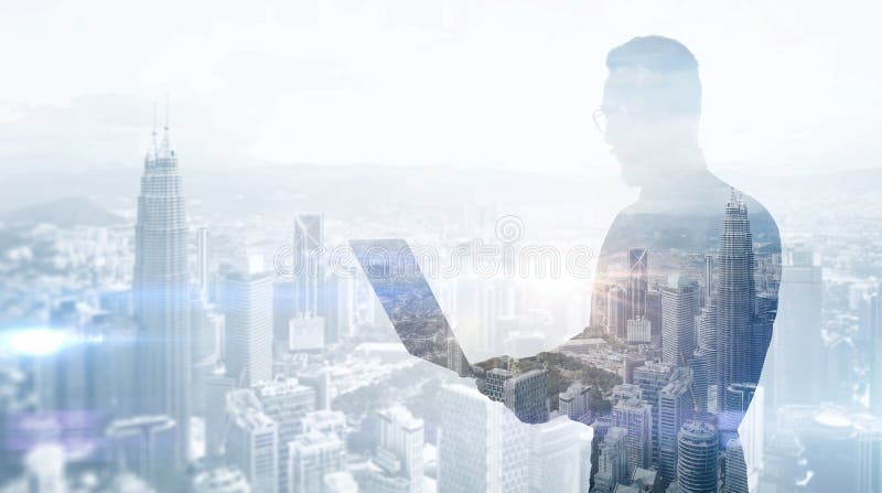 Double exposure photo stylish businessman wearing black shirt and glasses.Banker holding contemporary notebook hands royalty free stock image Double exposure photo stylish businessman wearing black shirt and glasses.Banker holding contemporary notebook hands royalty free stock image