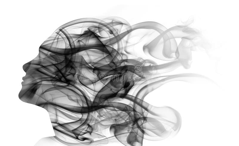 Double exposure portrait of woman and smoke.